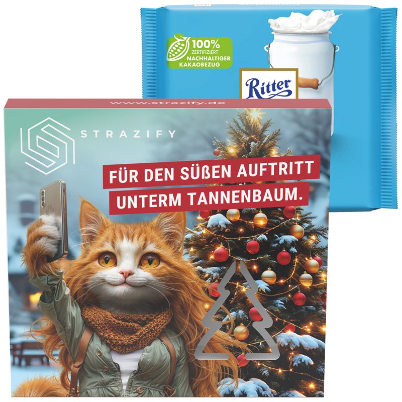 Hoesje met uitgestanste kerstboom en Ritter SPORT Alpenmelk