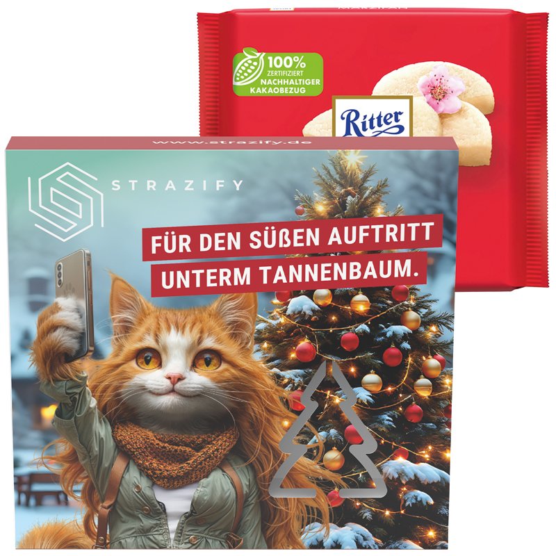 Hoesje met uitgestanste kerstboom en Ritter SPORT marsepein