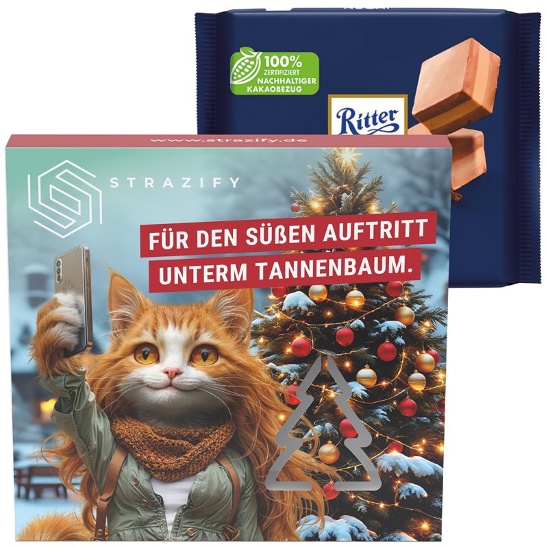 Hoesje met uitgestanste kerstboom en Ritter SPORT nougat