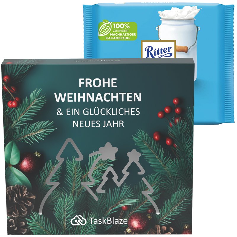 Hoesje met uitgestanst bos en Ritter SPORT Alpenmelk