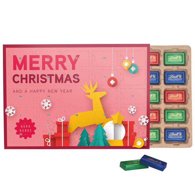 Staande bureau-adventskalender met 24 Lindt mini-repen