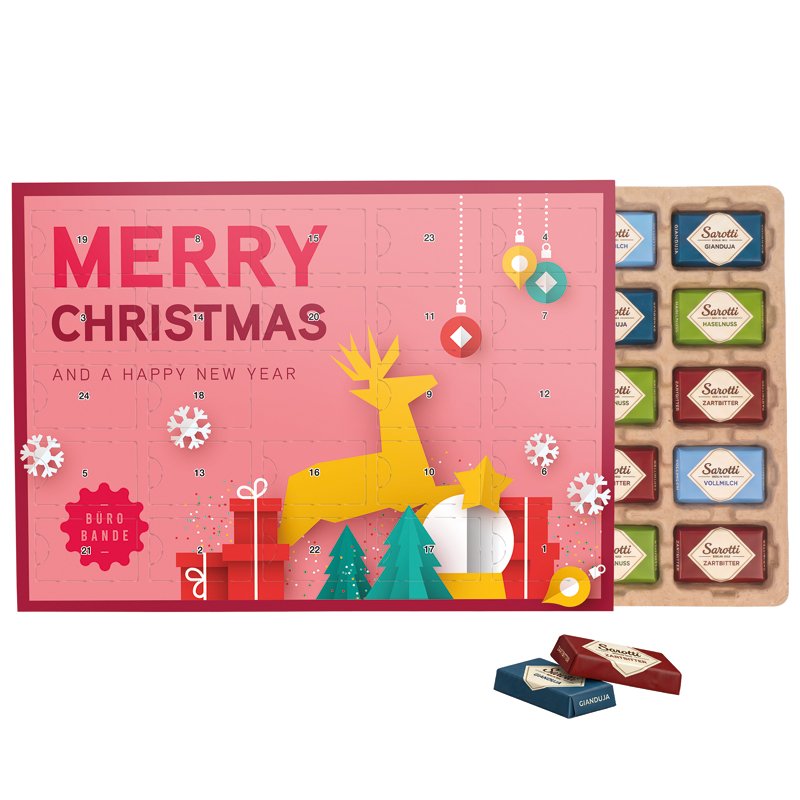 Staande bureau-adventskalender met 24 Sarotti mini-repen in vier smaken