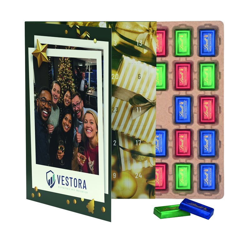 Staande bureau-adventskalender met klapdeksel en een eigen ontwerp
