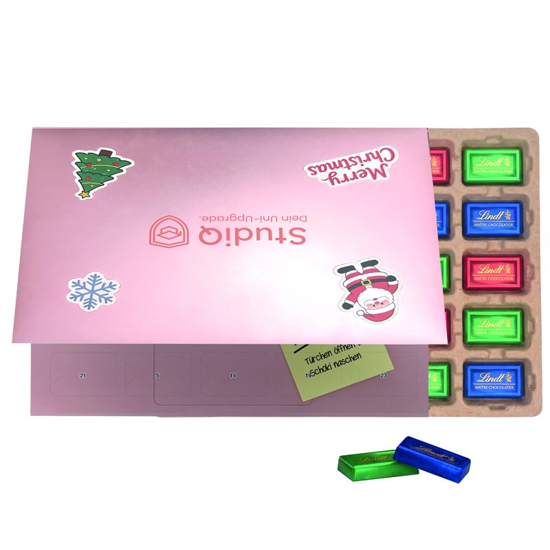 Liggende bureau-adventskalender met klapdeksel en een eigen ontwerp