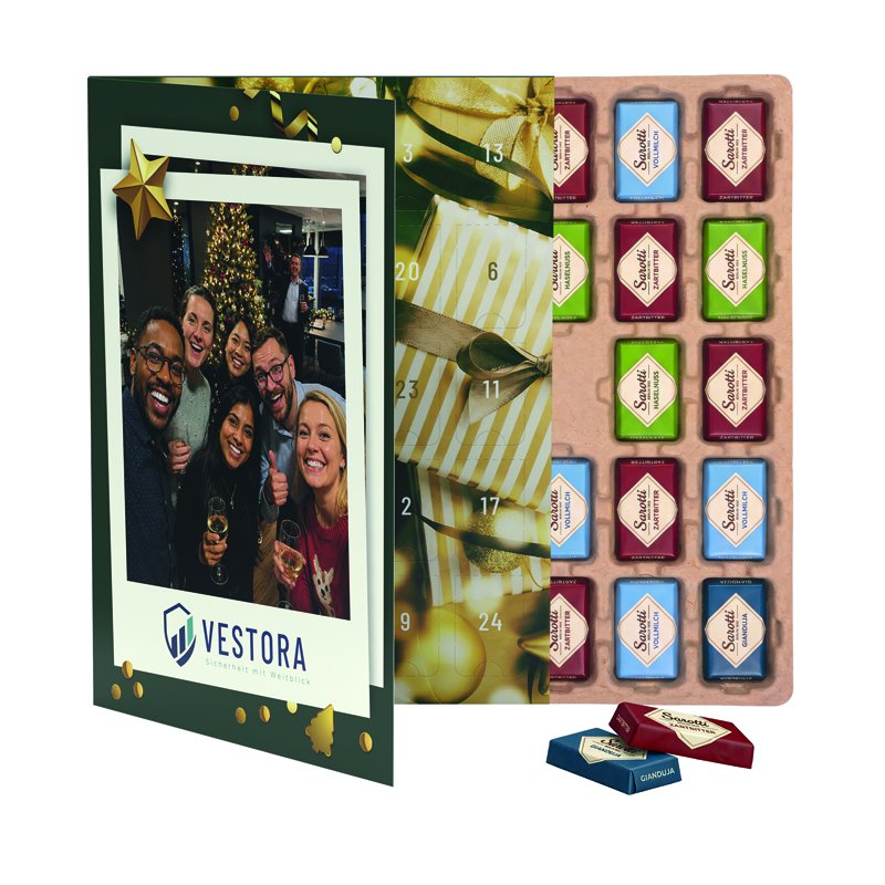 Staande bureau-adventskalender met klapdeksel en 24 Sarotti mini-repen