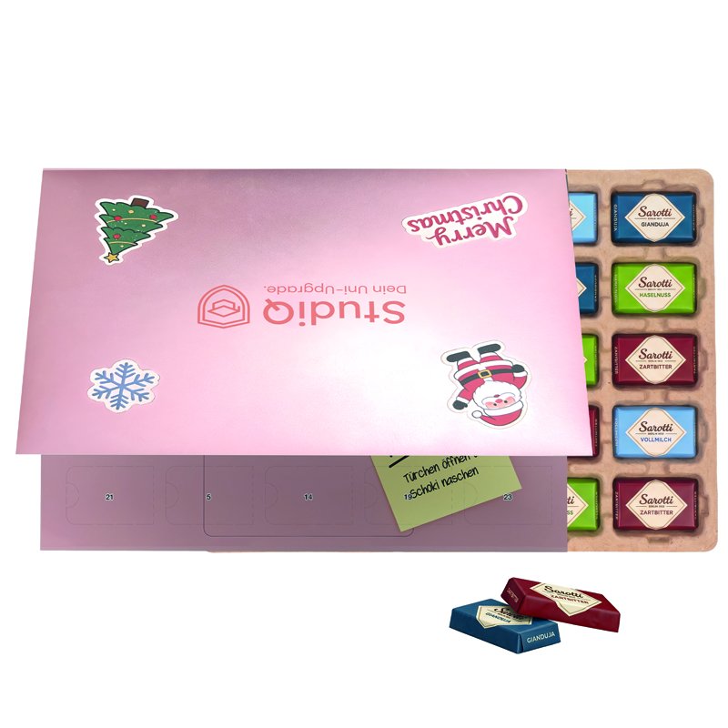 Liggende bureau-adventskalender met klapdeksel en 24 Sarotti mini-repen