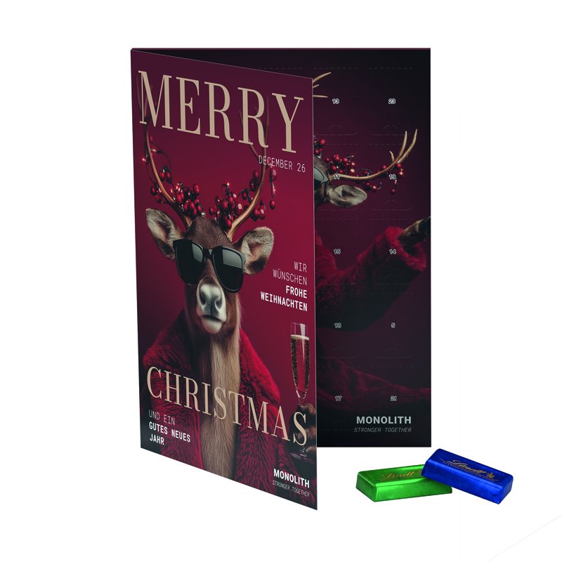 Staande bureau-adventskalender met klapdeksel en 24 Lindt mini-repen