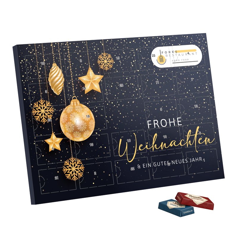 Staande bureau-adventskalender met 24 Sarotti mini-repen in vier smaken