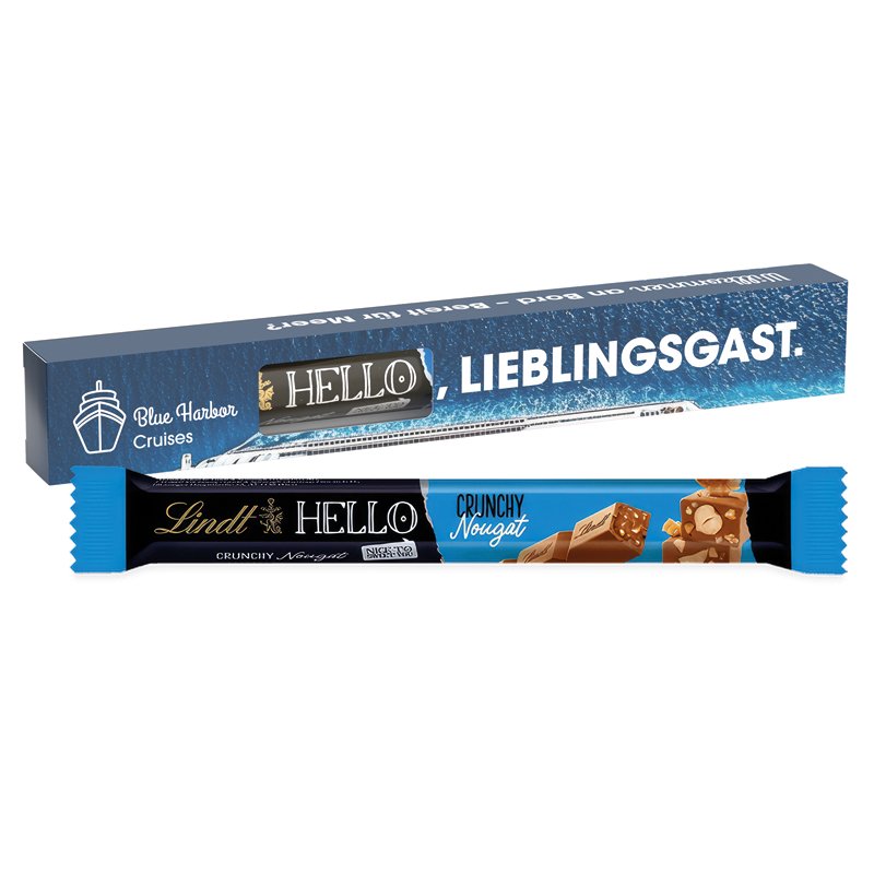 Wit kartonnen doosje met venster en Lindt HELLO stick krokante nougat in eigen ontwerp