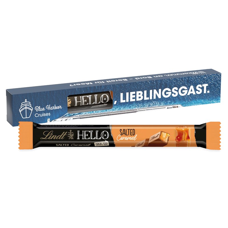 Wit kartonnen doosje met venster en Lindt HELLO stick zoute karamel in eigen ontwerp