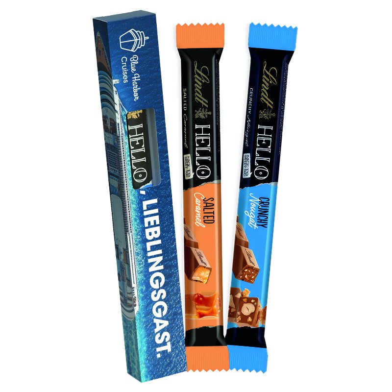 Wit kartonnen doosje met venster en Lindt HELLO stick in eigen ontwerp