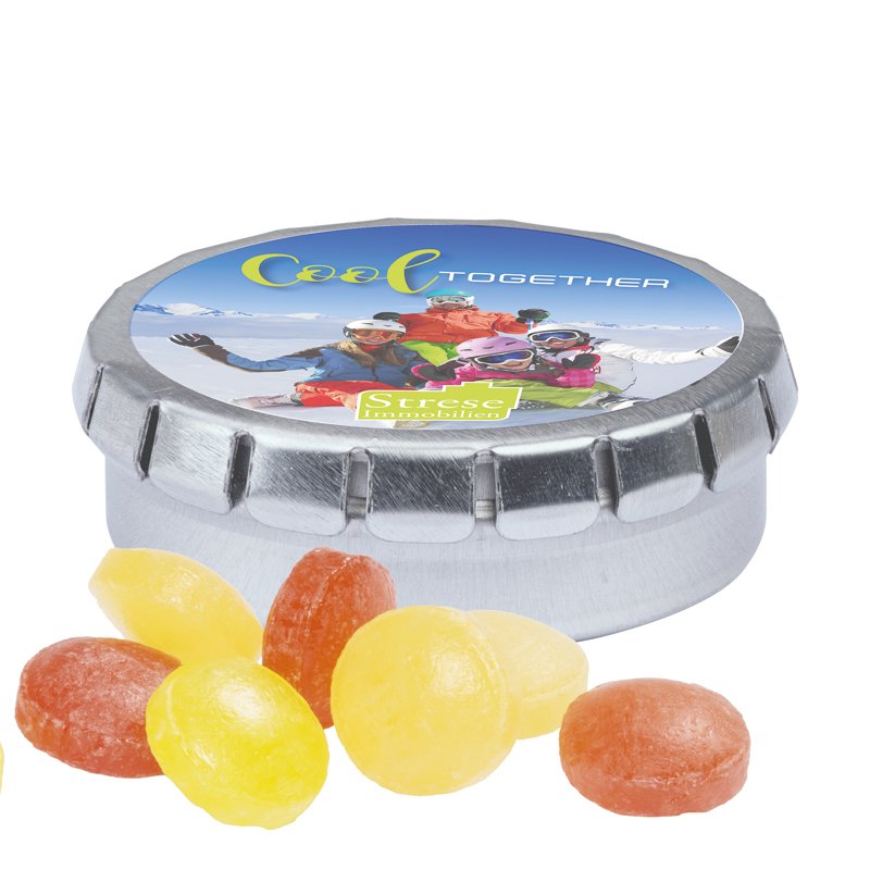 Rond metalen blikje Quick Box met snoepjes fruitmix, glanzend, deksel bedrukt met een eigen ontwerp
