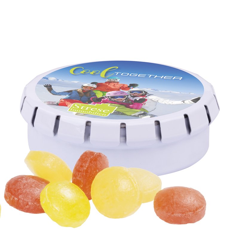 Rond metalen blikje Quick Box met snoepjes fruitmix, wit, deksel bedrukt met een eigen ontwerp