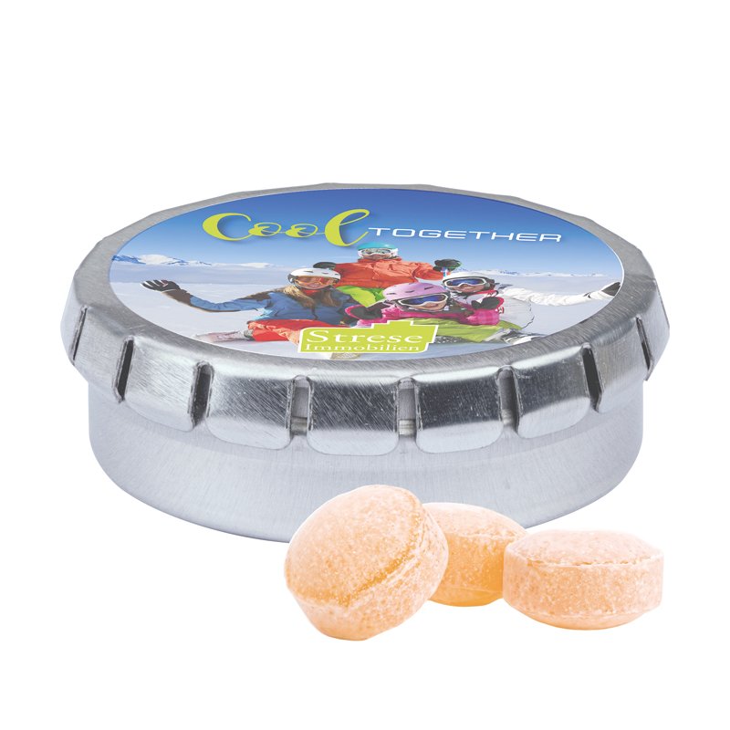 Rond metalen blikje Quick Box met honingsnoepjes, glanzend, deksel bedrukt met een eigen ontwerp