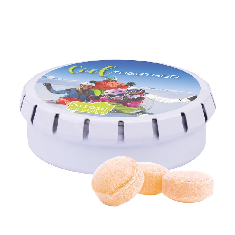 Rond metalen blikje Quick Box met honingsnoepjes, wit, deksel bedrukt met een eigen ontwerp