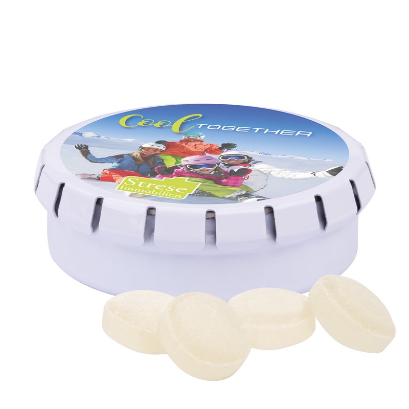 Rond metalen blikje Quick Box met snoepjes Japanse mint, wit, deksel bedrukt met een eigen ontwerp