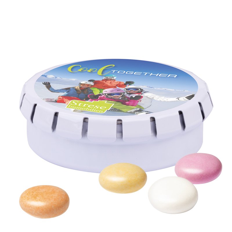 Rond metalen blikje Quick Box met Mentos fruit, wit, deksel bedrukt met een eigen ontwerp