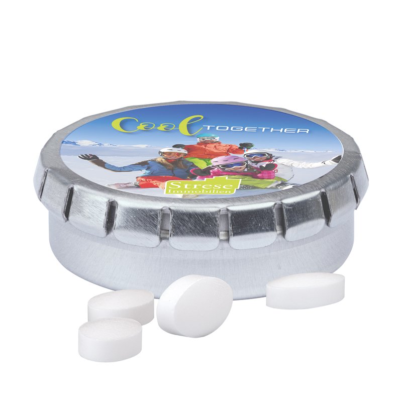 Rond metalen blikje Quick Box met Pfeffi pepermuntpastilles, glanzend, deksel bedrukt met een eigen ontwerp