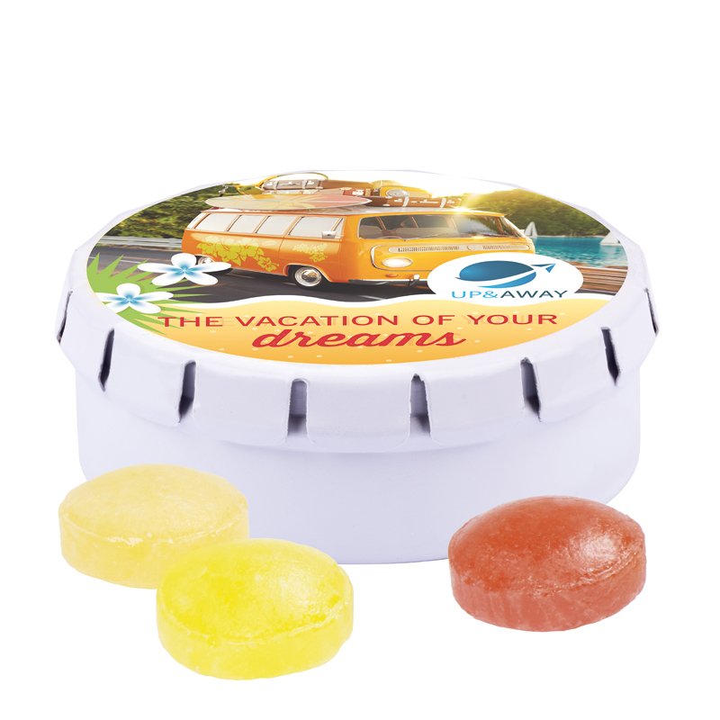 Rond wit blikje met bedrukt veerdeksel en mini fruitsnoepjes