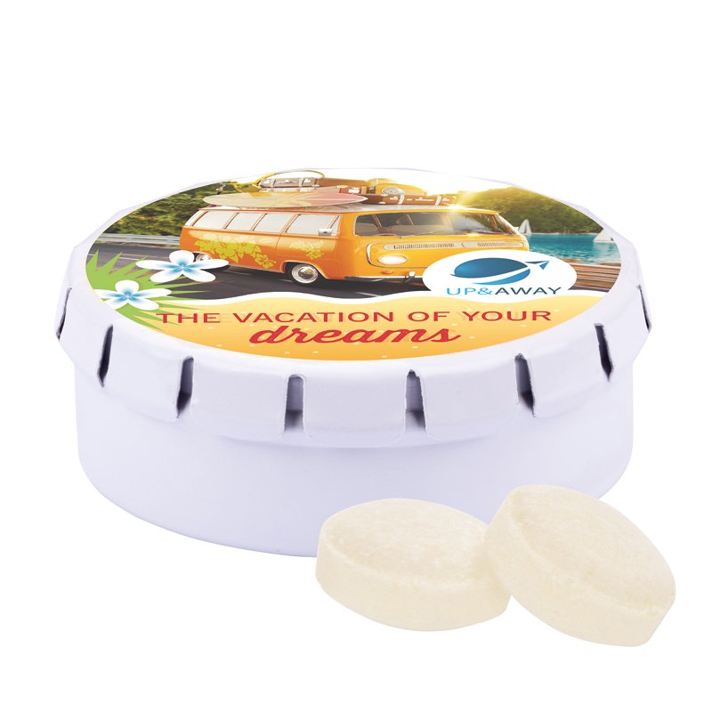 Rond wit blikje met bedrukt veerdeksel en mini mintsnoepjes