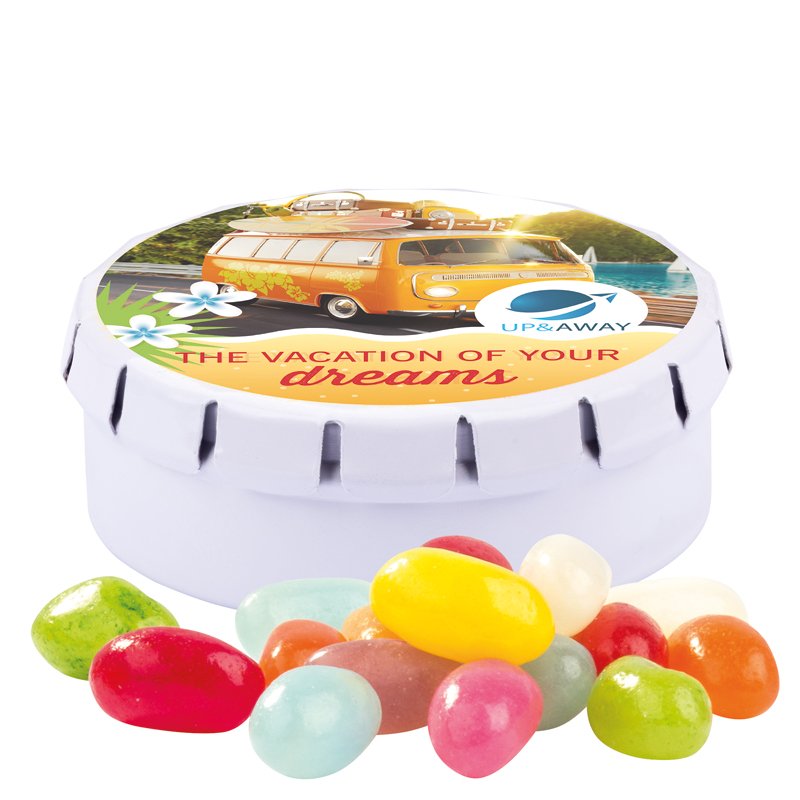 Rond wit blikje met bedrukt veerdeksel en American Style Jelly Beans