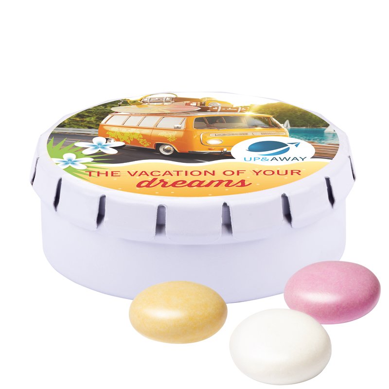Rond wit blikje met bedrukt veerdeksel en Mentos kauwsnoep met fruitsmaak
