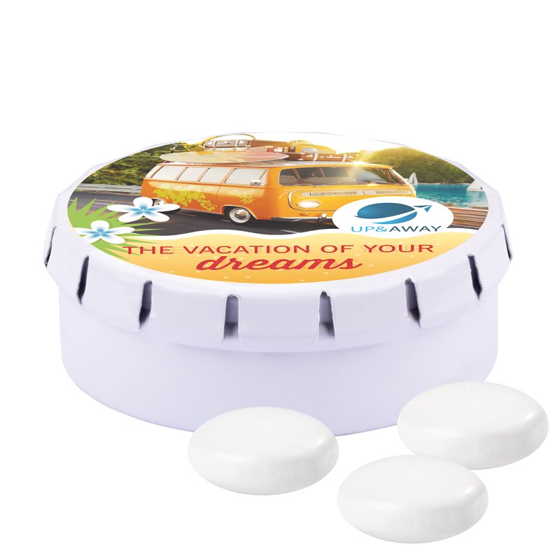 Rond wit blikje met bedrukt veerdeksel en Mentos kauwsnoep met muntsmaak