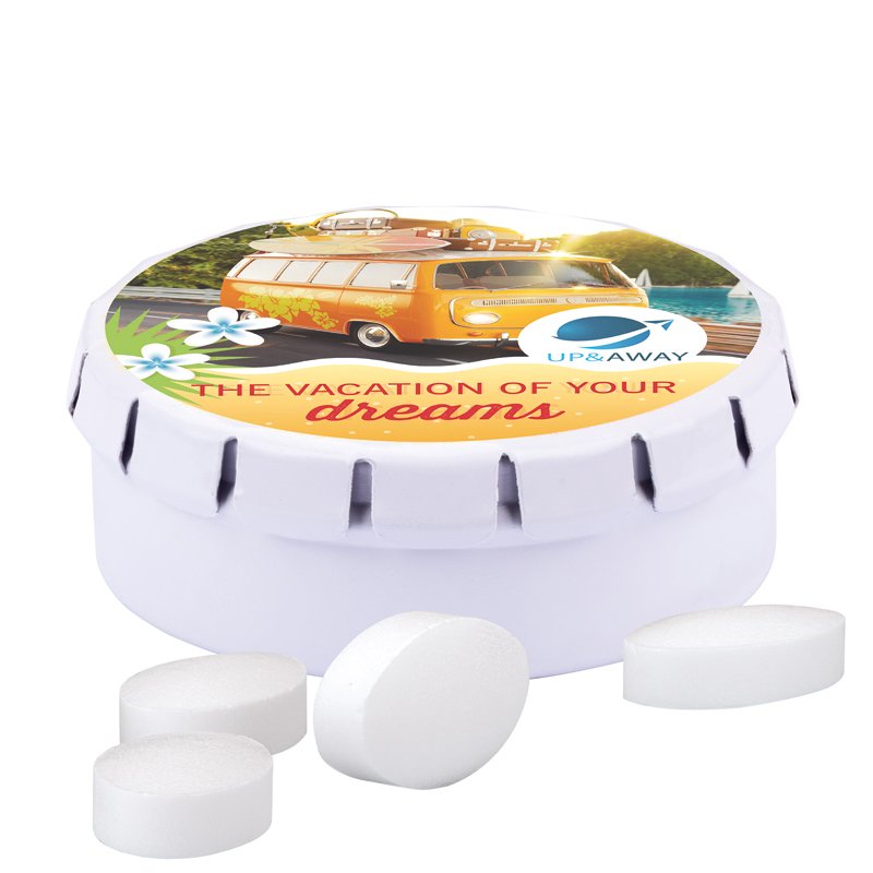 Rond wit blikje met bedrukt veerdeksel en suikervrije Pfeffi pepermuntpastilles