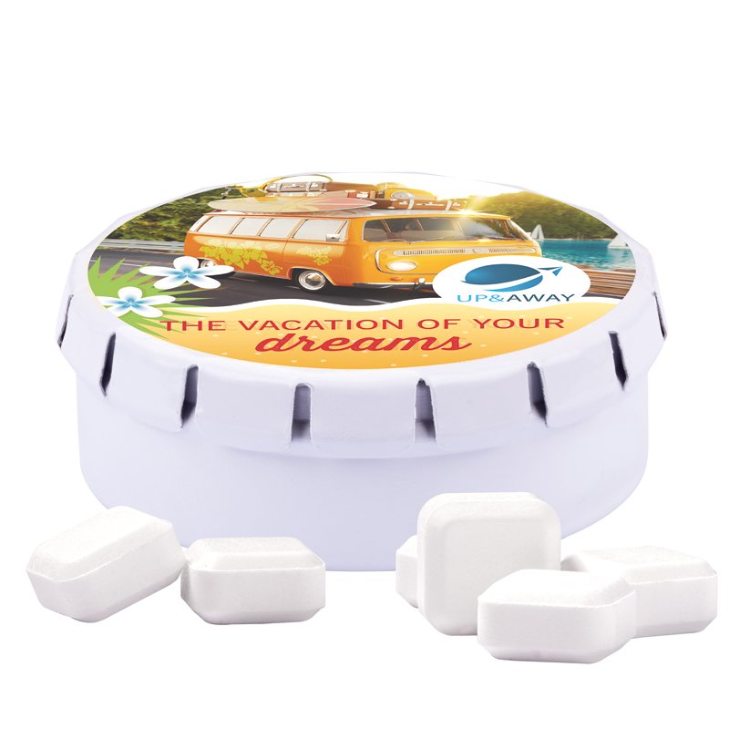 Rond wit blikje met bedrukt veerdeksel en dextroseblokjes met fruitsmaak
