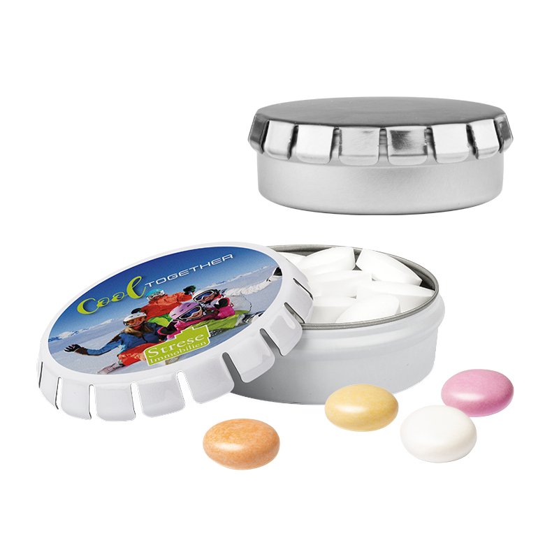 Rond metalen Quick Box blikje met veerdeksel, bedrukt met een eigen ontwerp