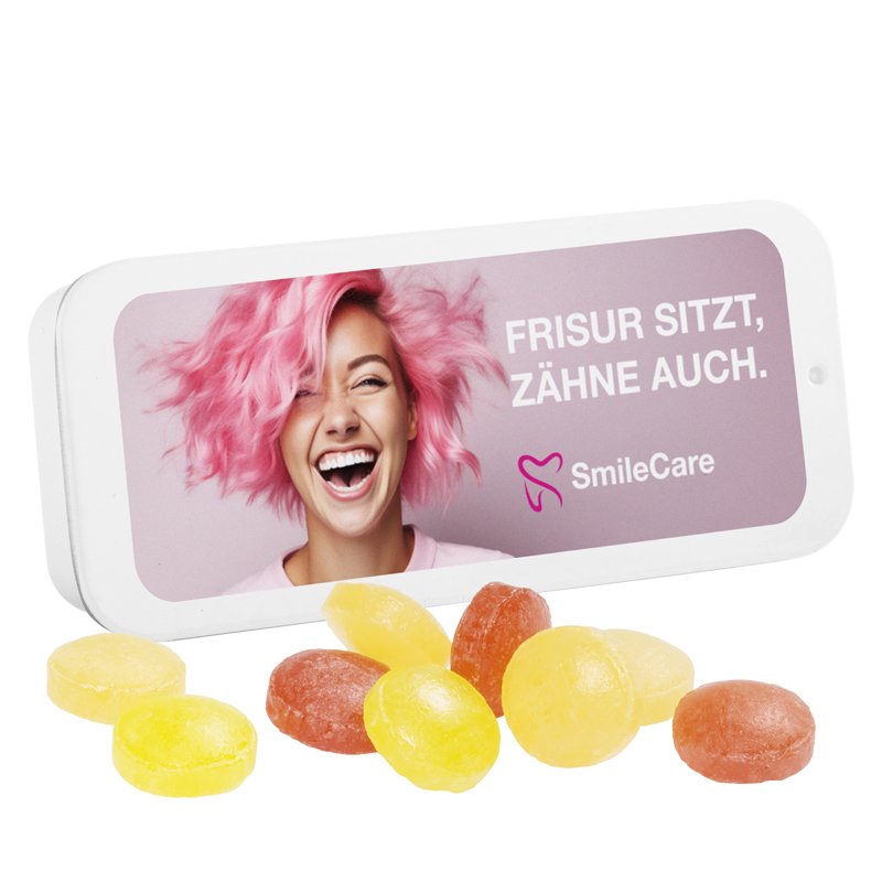 Wit schuifblikje met bedrukt deksel en Cavendish & Harvey mini fruitsnoepjes
