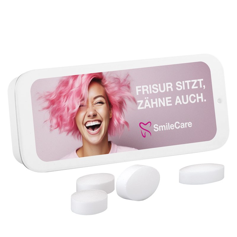 Wit schuifblikje met bedrukt deksel en suikervrije Pfeffi pepermuntpastilles