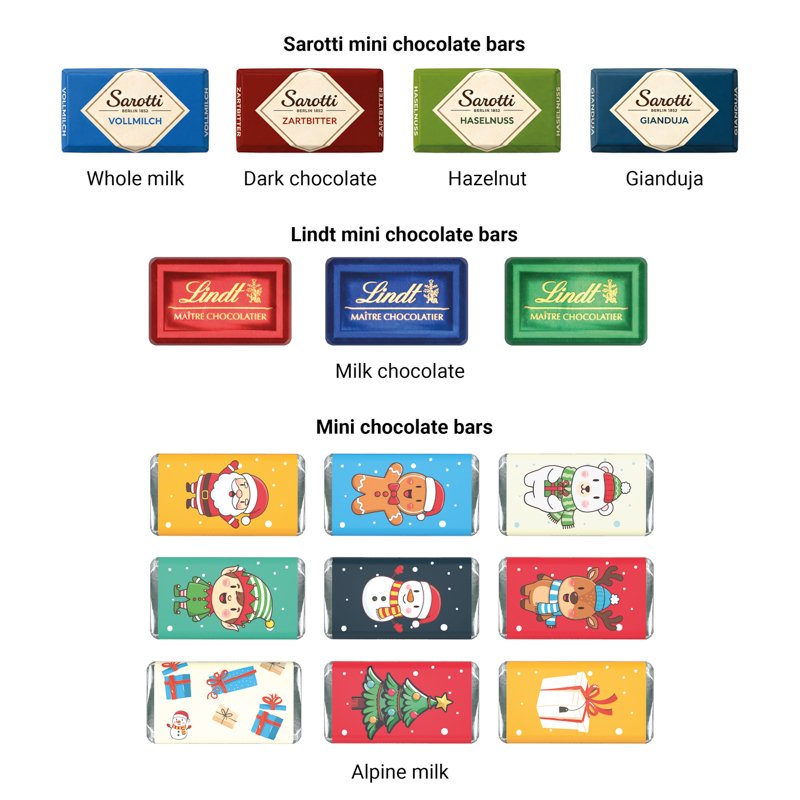 Adventskalender in cadeauvorm met eigen ontwerp: Alpen mini-repen, Fairtrade