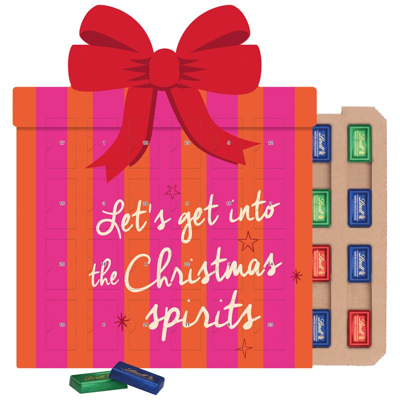 Platte adventskalender in cadeauvorm ECO met 24 Lindt mini-repen