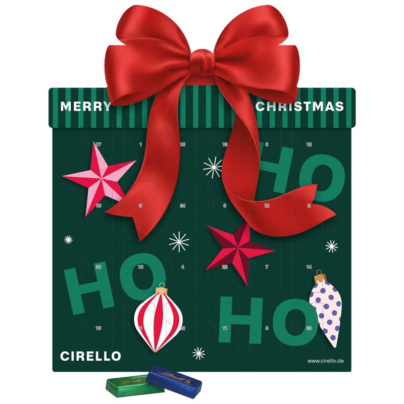 Platte adventskalender in cadeauvorm met 24 Lindt mini-repen