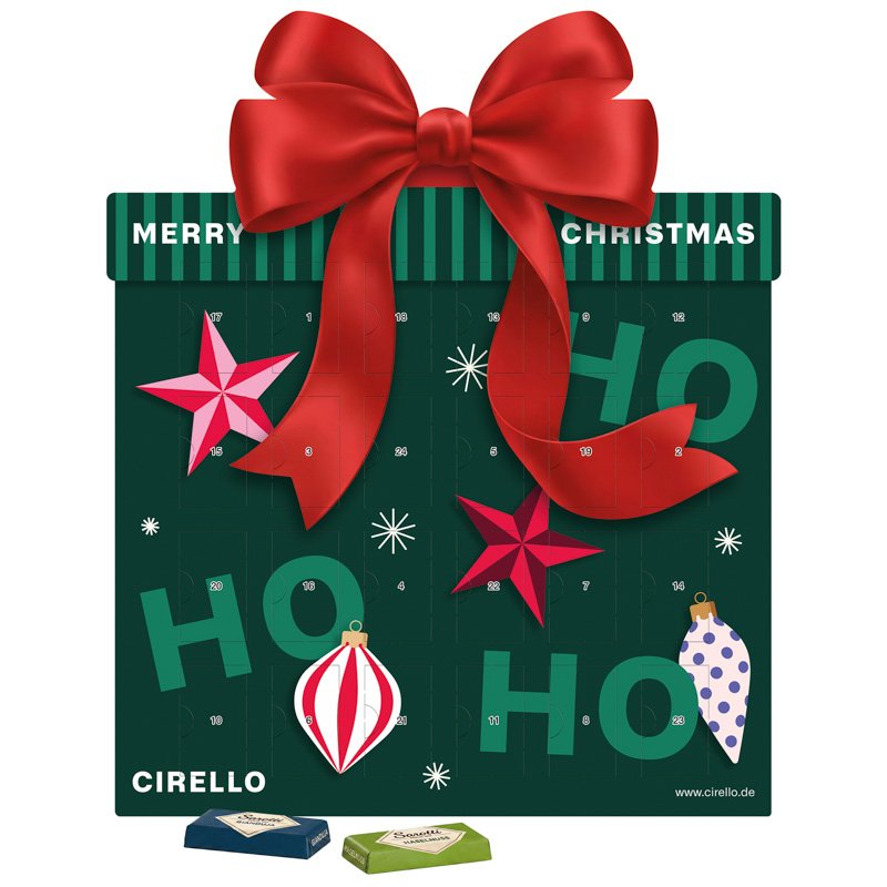 Platte adventskalender in cadeauvorm met 24 Sarotti mini-repen in vier smaken