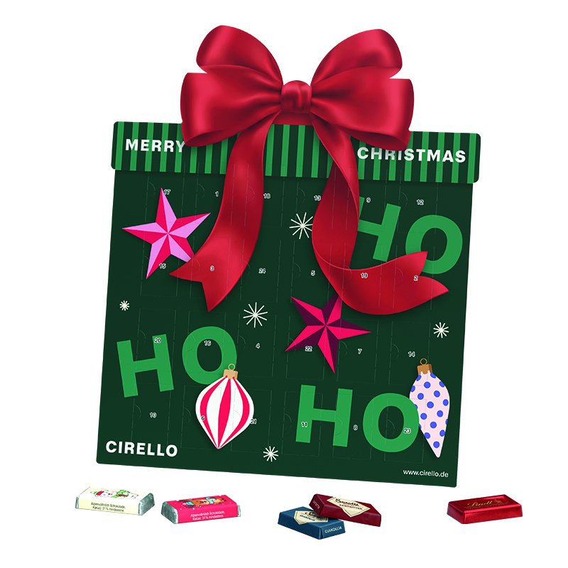 Platte adventskalender in de vorm van een cadeau met een eigen ontwerp op de wikkel