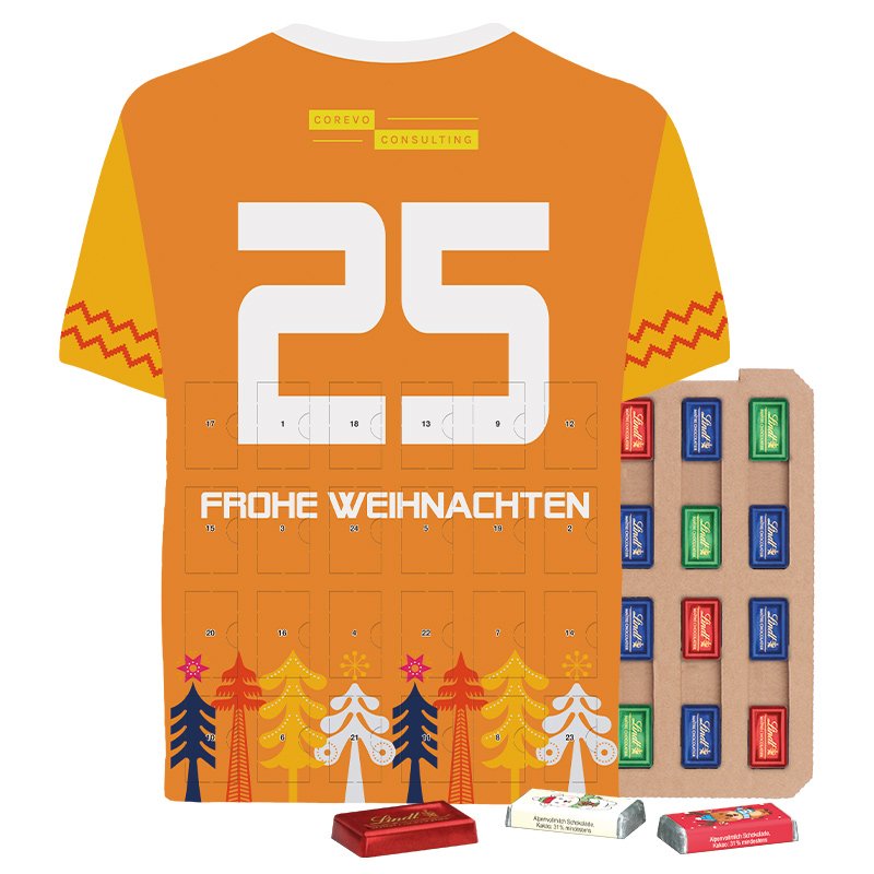 Platte adventskalender ECO in de vorm van een shirt met een eigen ontwerp
