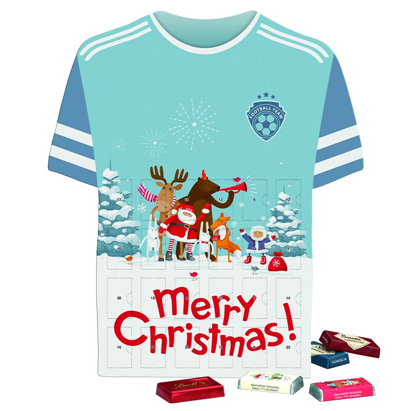 Adventskalender in de vorm van een shirt met een eigen ontwerp op de wikkel