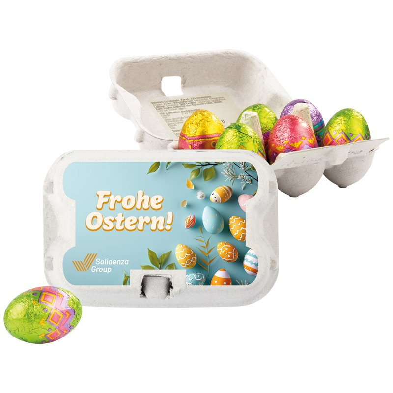 Eierdoosje met zes Klett chocolade paaseitjes en etiket in eigen ontwerp