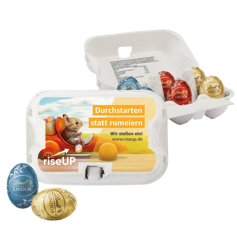 Eierdoosje met zes Lindt LINDOR paaseitjes en etiket in eigen ontwerp