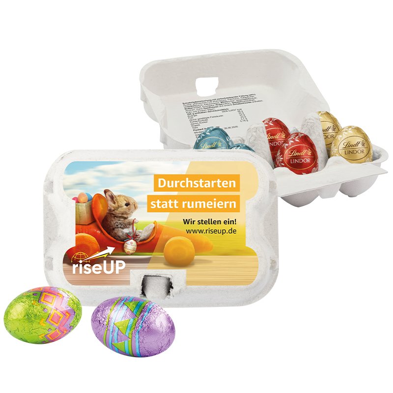 Eierdoosje met zes chocolade paaseitjes en een papieren etiket in eigen ontwerp
