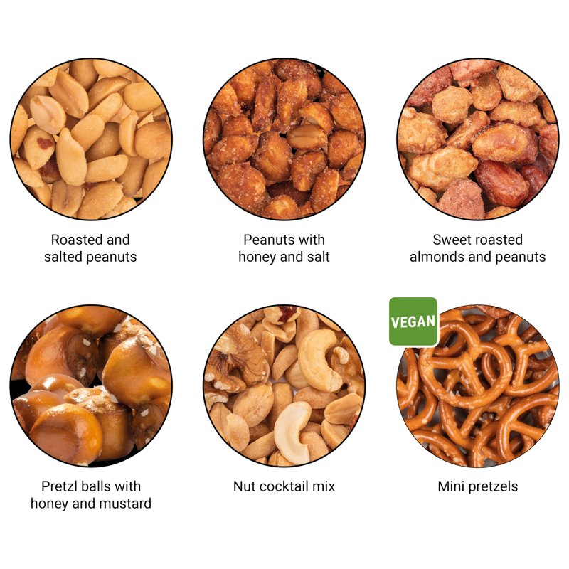 Snackblikje met noten of pretzels en eigen etiket: Pinda's, gebrand en gezouten