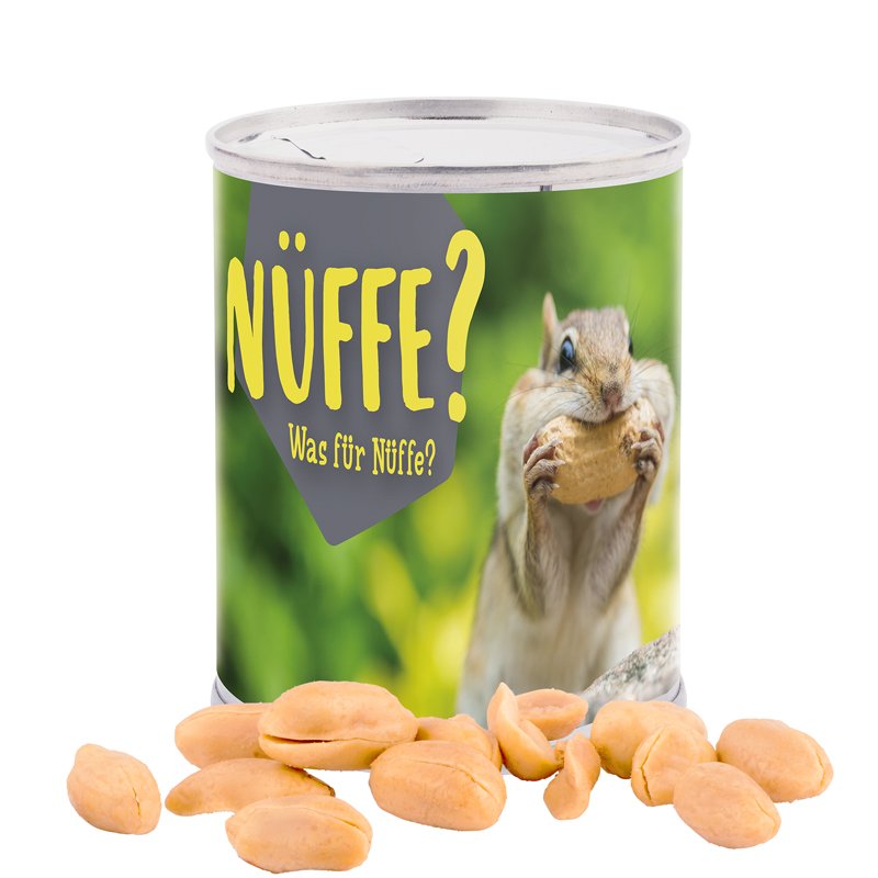 Snackblikje met etiket rondom, pinda's, gebrand en gezouten
