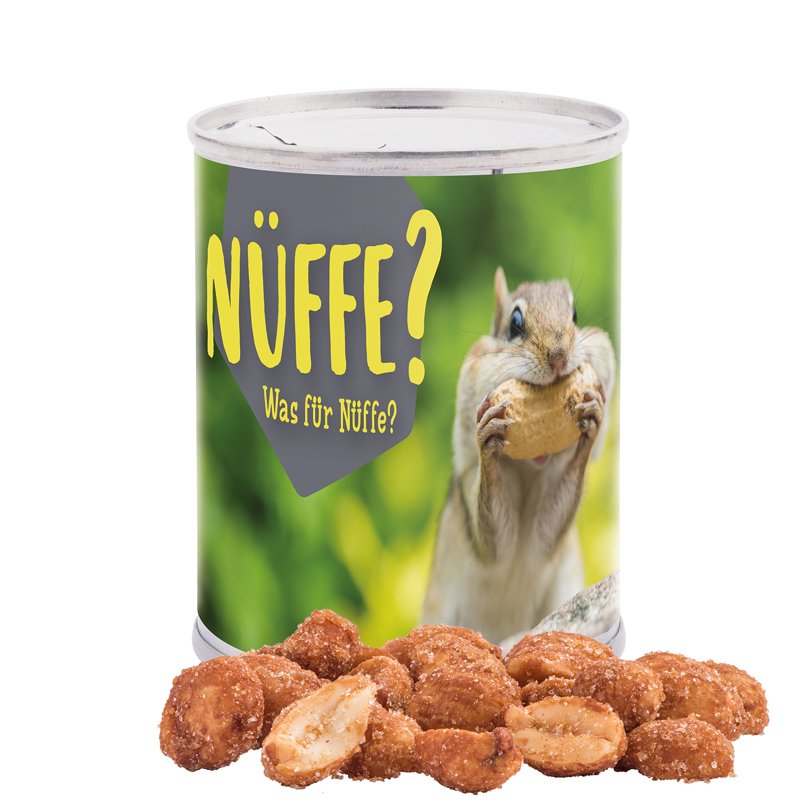 Snackblikje met etiket rondom, pinda's met honing en zout