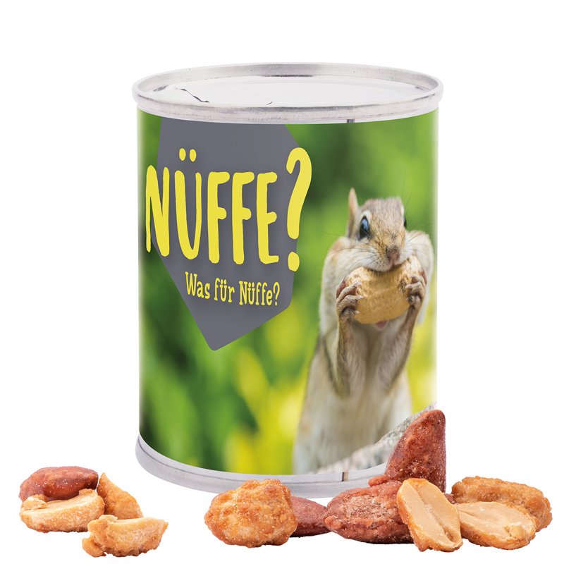 Snackblikje met etiket rondom, amandelen en pinda's