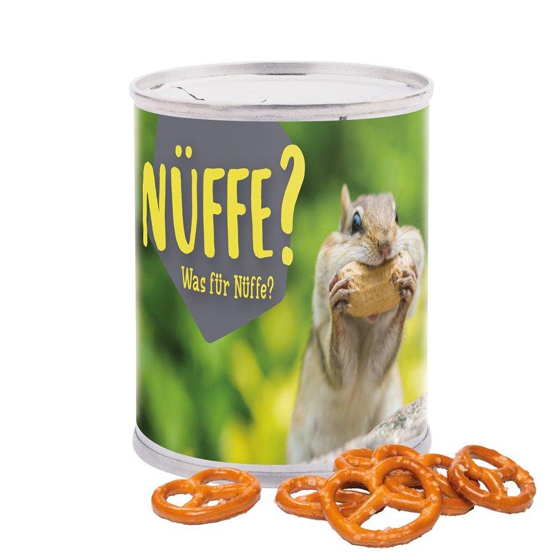 Snackblikje met etiket rondom, minipretzels