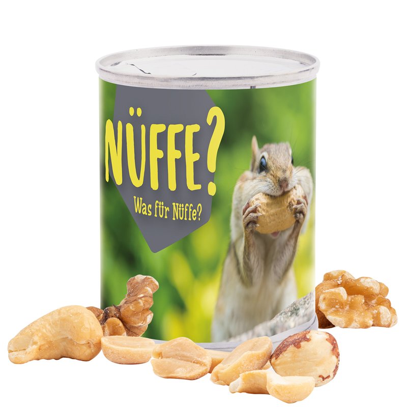 Snackblikje met etiket rondom, notencocktail