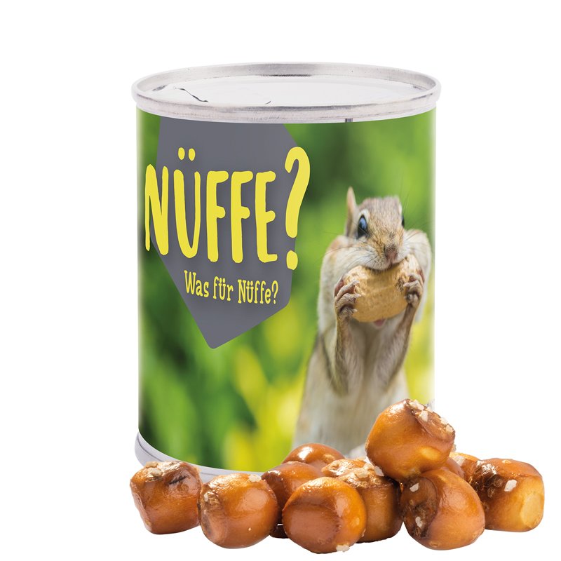 Snackblikje met etiket rondom, pretzelballetjes honing-mosterd