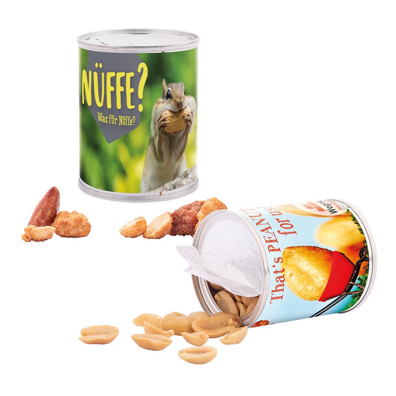 Rond snackblikje met bedrukt etiket rondom